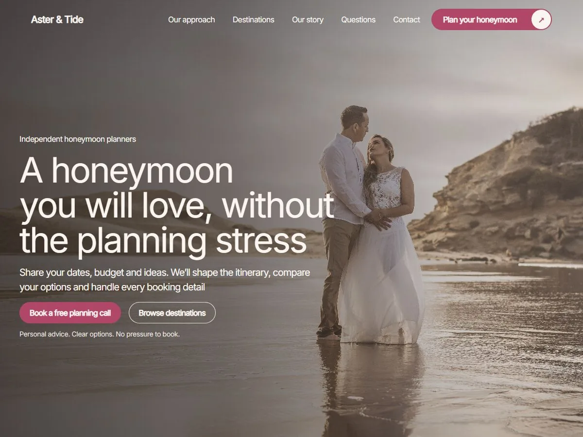 Concept design for Aster and Tide, an invented honeymoon planner, with a coastal photograph and a free planning call button