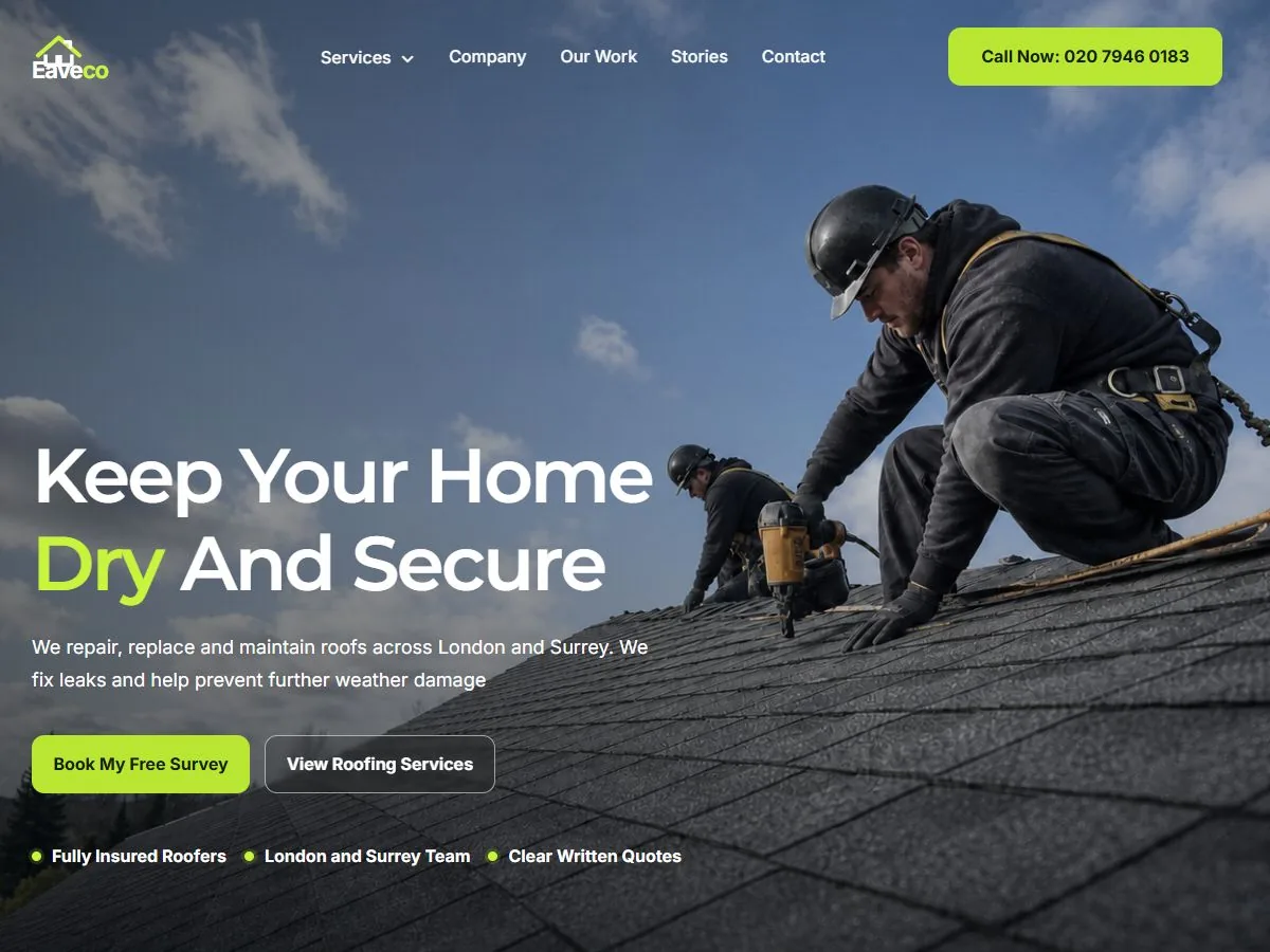 Concept design for Eaveco, an invented roofing company, with roofers at work and a free survey booking button