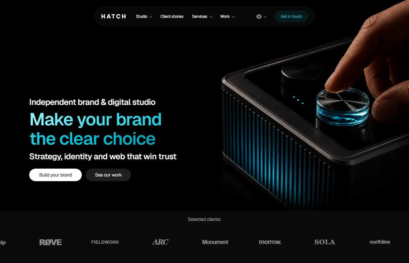Concept design for Hatch, an invented brand and digital studio, with the headline make your brand the clear choice