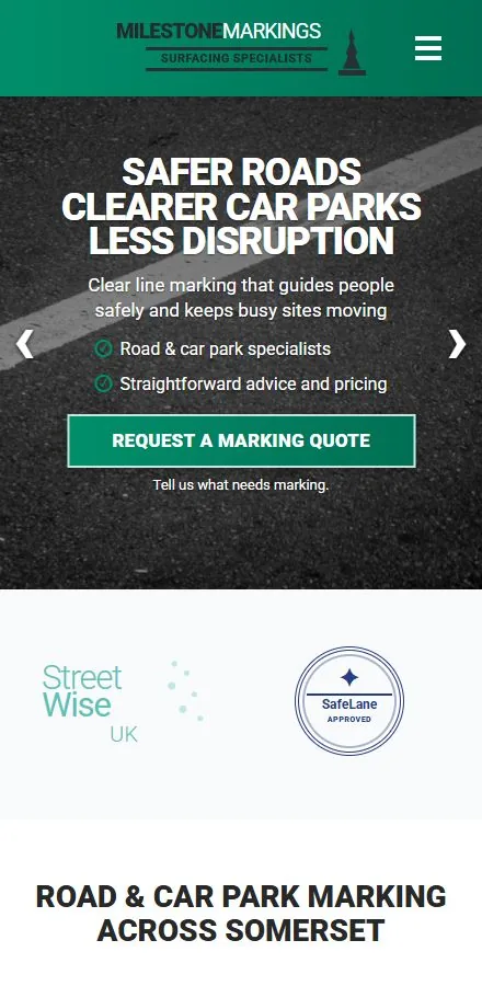 Concept design for Milestone Markings, an invented road and car park marking contractor, shown on a phone with a marking quote button