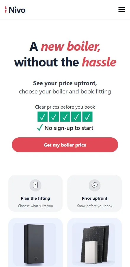 Concept design for Nivo, an invented boiler replacement service, shown on a phone with an upfront price and a fitting booking