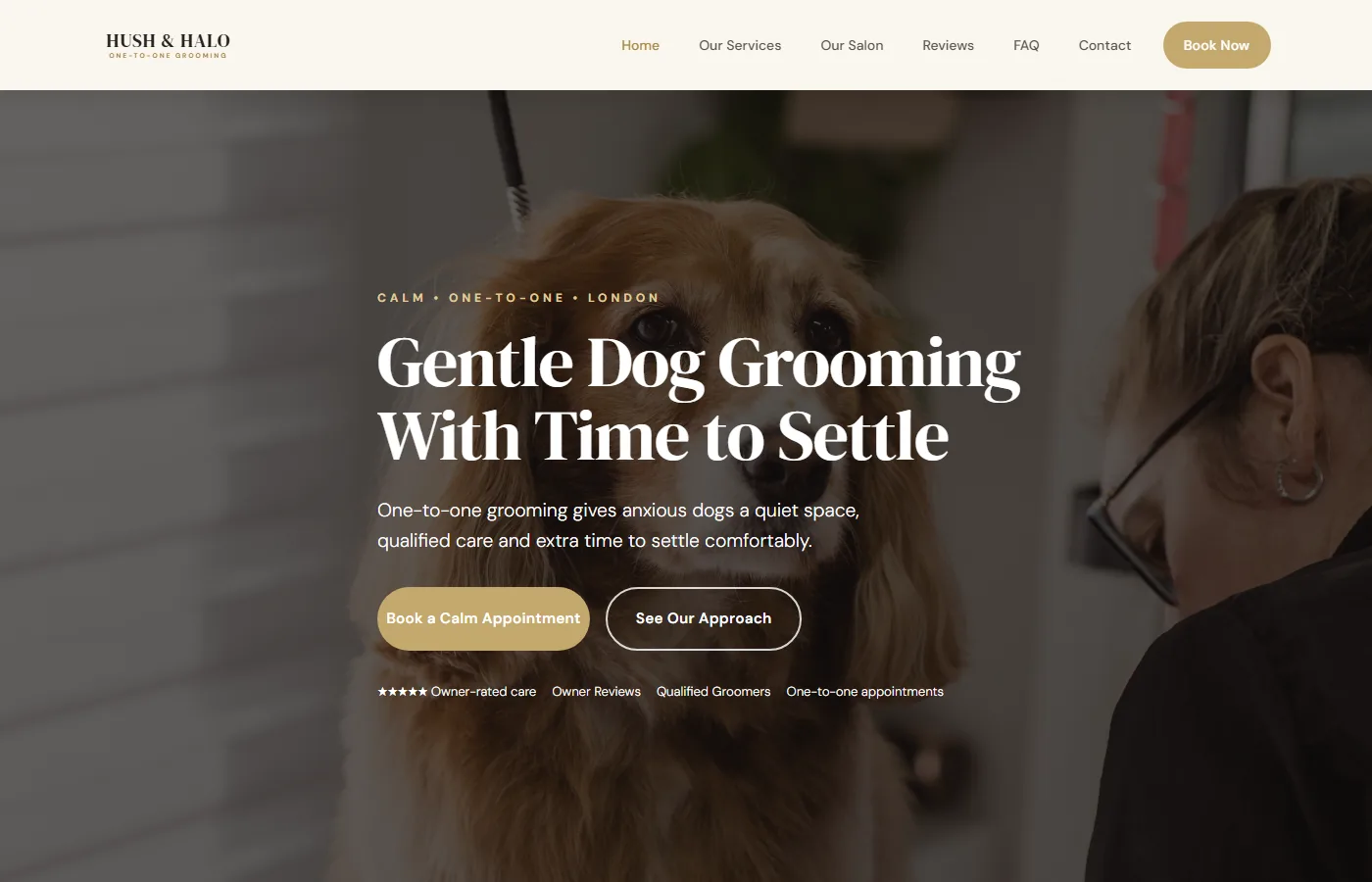 Desktop view of the Hush and Halo dog grooming website example