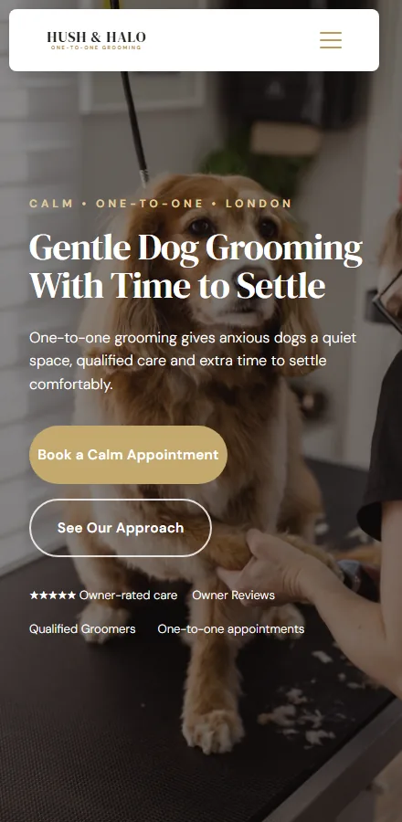 Mobile view of the Hush and Halo dog grooming website example