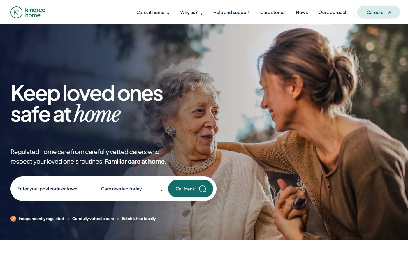 Desktop view of the Kindred Home care website example