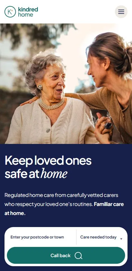 Mobile view of the Kindred Home care website example
