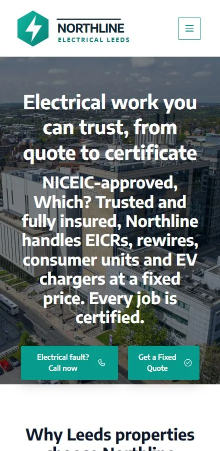 Mobile view of the Northline Electrical Leeds website example