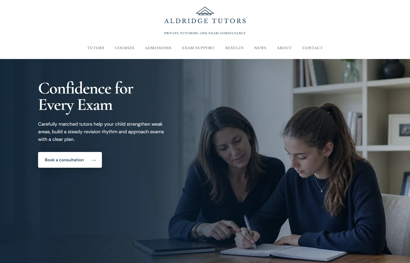 Desktop view of the Aldridge Tutors website example